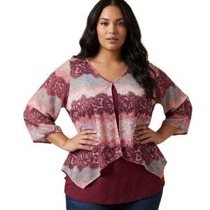 By & By Womens floral Top Sz L Boho Maroon Flowy Chiffon 3/4 Sleeve Layered